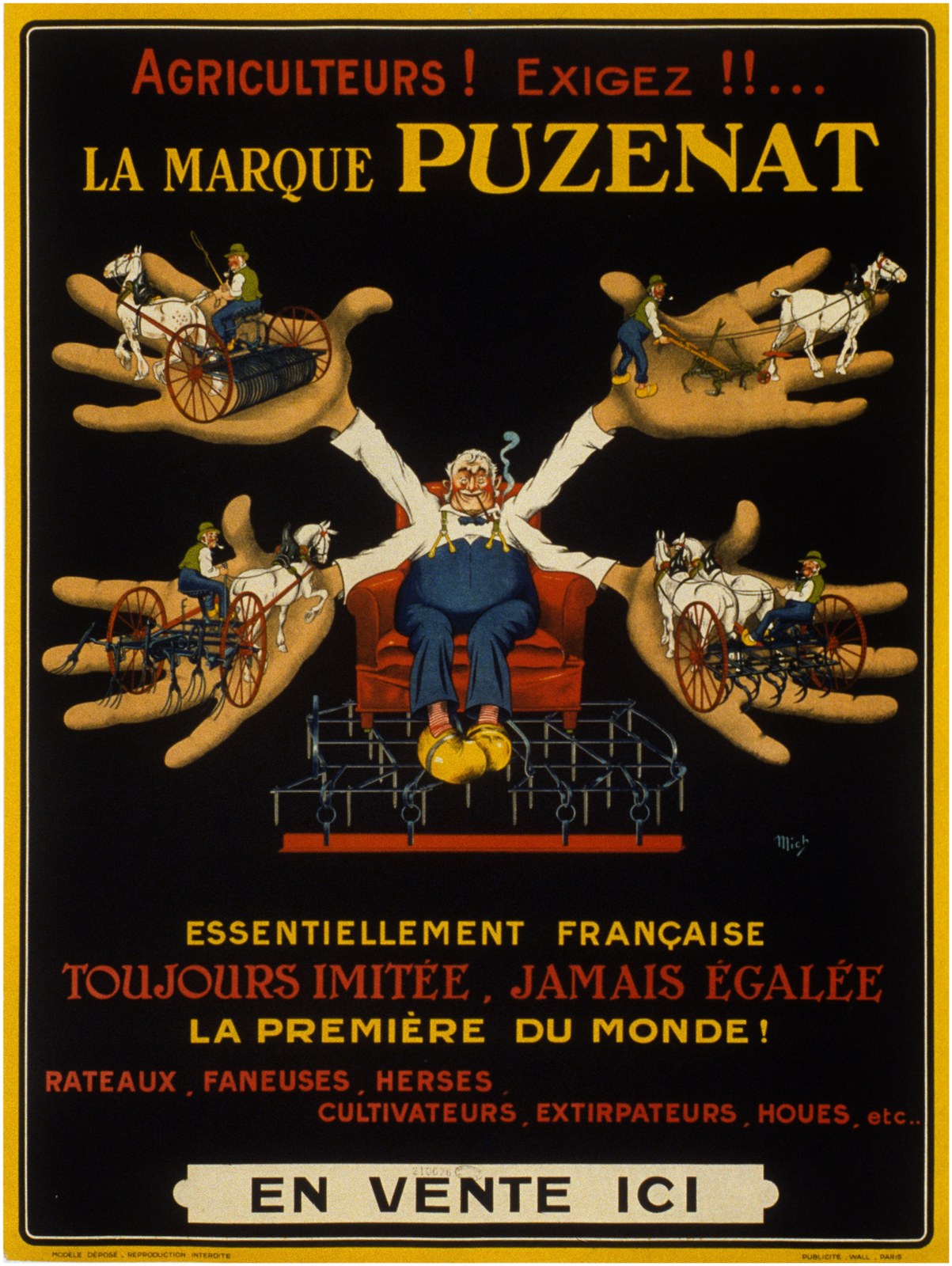 Affiche publicitaire : un homme assis dans un fauteuil tend six bras dont les mains portent chacune un instrument agricole tiré par un cheval blanc — rouleau, houe, râteau, faneuse — au-dessus d'une herse en Z posée au sol