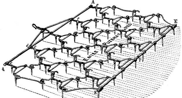 Gravure&nbsp;: herse souple vue en perspective, formée de tiges d'acier coudées assemblées en losanges dont chaque nœud porte une dent dirigée vers le bas, reliée à l'avant par une barre de tirage et à l'arrière par une barre articulée&nbsp;; le nom Émile Puzenat et Fils est tracé dans le sol hachuré