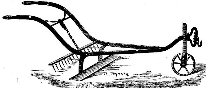 Gravure&nbsp;: instrument à deux mancherons courbes prolongeant un age, portant sous celui-ci une lame plate horizontale et une grille de dents inclinées&nbsp;; à l'avant, une petite roue de réglage montée sur une crémaillère verticale