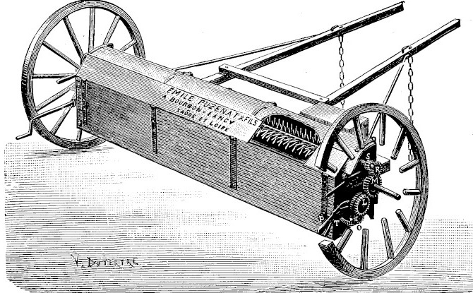 Gravure&nbsp;: longue caisse en bois vue de trois quarts, encadrée par deux hautes roues à rais&nbsp;; à une extrémité, un arbre garni de dents en hélice et un train d'engrenages découvert&nbsp;; deux brancards reliés par des chaînes partent vers l'arrière