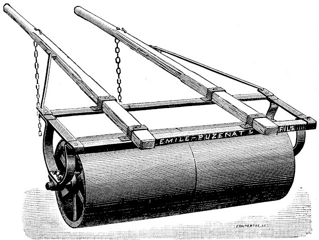 Gravure&nbsp;: rouleau agricole à deux cylindres lisses juxtaposés, sous un cadre en acier portant deux limonières en bois reliées par des chaînes&nbsp;; le bâti est marqué Émile Puzenat et Fils