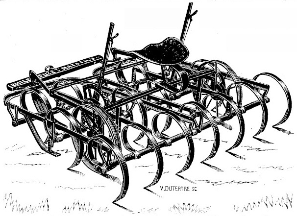 Gravure&nbsp;: cultivateur canadien vu de trois quarts, bâti rectangulaire de tubes d'acier portant quatre rangs de dents courbes à ressort terminées par des socs, deux roues à rais engagées sous le bâti, un siège à ressort au centre et deux leviers dressés à l'avant
