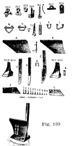 Planche gravée des pièces de rechange&nbsp;: en haut deux rangées de petites pièces — brides, agrafes, poignées, paliers, engrenages — repérées par des lettres et des numéros&nbsp;; au centre deux versoirs de gros socs, deux avant-corps à tige carrée, un coutre et deux petits versoirs&nbsp;; en bas une rangée de vis de pression numérotées de 1 à 11 et un soc complet marqué SA SB SC SD