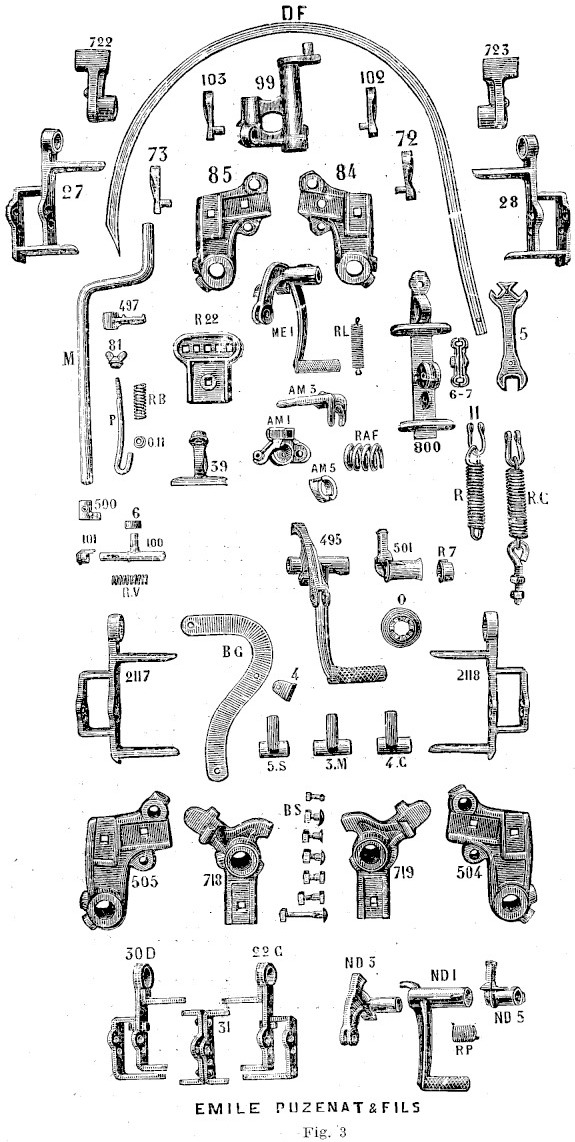 Planche gravée des pièces de rechange du modèle fort : équerres de châssis, chiens, ressorts d'amortisseur, bascule à talon et à came, supports de bras, pédales indépendantes et clé, chaque organe portant son repère