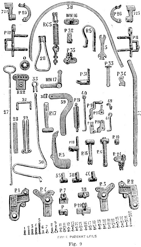 Planche gravée des pièces de rechange : gros supports, contrepoids, manivelle d'accrochage, loquet à œil ovale, équerres doubles de châssis, pédale et bascule d'embrayage, menottes porte-dents et rangée de boulons numérotés