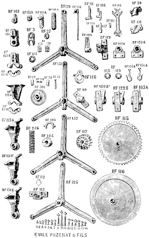 Planche gravée des pièces de rechange : trois croisillons de râteaux à trois branches, grand engrenage faneur à denture extérieure, engrenage râteau plein, pignon double, éventails de commande, paliers d'essieu et supports de roue arrière
