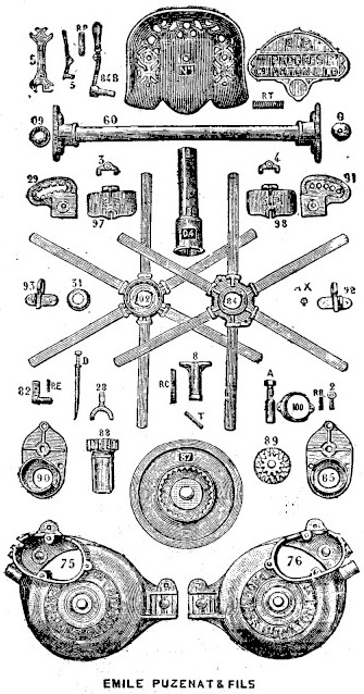 Planche gravée des pièces de rechange : siège en fonte, plaque-adresse, essieu, croisillons des râteaux à six branches, moyeux d'éventail, emboîtements droite et gauche, et deux carters d'engrenage double