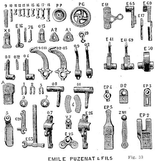 Planche gravée des pièces de rechange : boulons et clavettes numérotés, poulies de chaîne, têtières, manchons à loquet, engrenages simples à crochet, paliers d'essieu, marteau-clé et coulisseaux