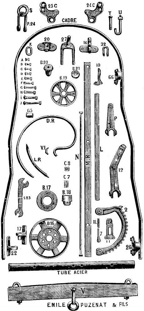 Planche gravée des pièces de rechange des herses sur roulettes : cadre en acier plat, tube porte-dents, barre d'attelage en bois ferré, grande et petite roue, régulateur denté, platine à crans cintrés, clé et rangée de boulons repérés par lettres