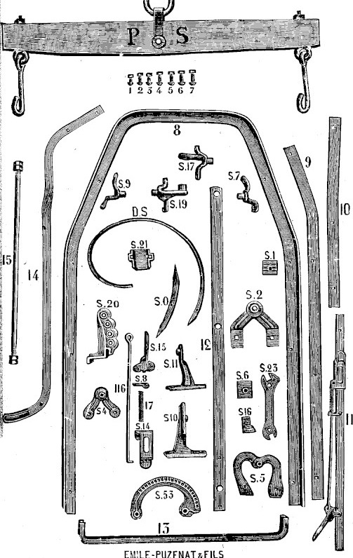Planche gravée des pièces de rechange : barre d'attelage en bois ferré marquée P S, cadre en cornière, grand et petit patin, supports des barres en U, régulateur de tirage, régulateur denté, levier et clé