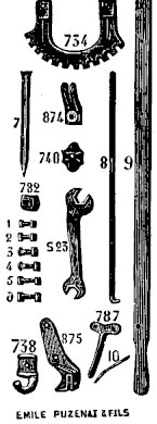 Planche gravée des pièces de rechange : régulateur denté en arc, dent en acier, tringle et glissière de loquet, attache de dent, chape d'articulation simple et double, poignée à chape du levier, clé et série de boulons