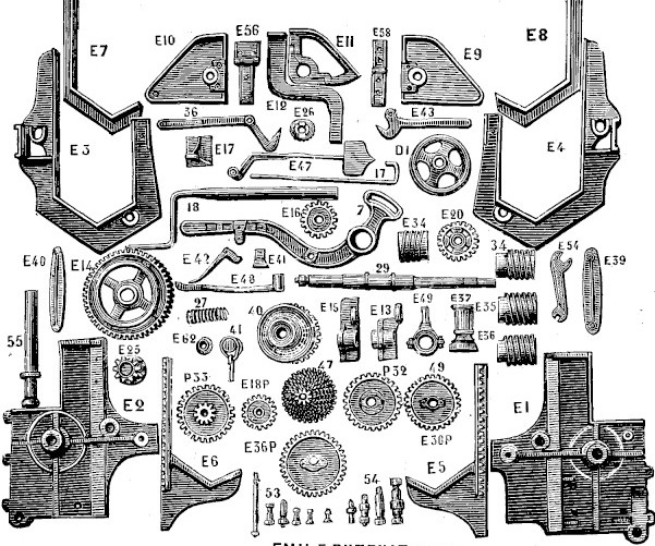 Planche gravée des pièces de rechange : grandes plaques latérales, supports de caisse mobile, arbre manivelle, vis sans fin à simple et double filet, groupe de pignons de dix à trente dents, grande roue à denture biaise et dents d'acier du hérisson