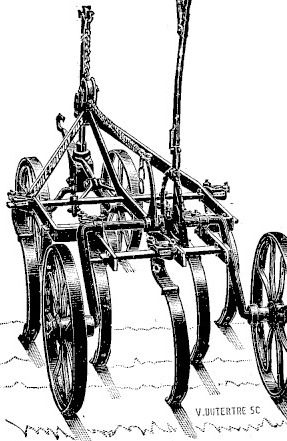Gravure : cultivateur à dents flexibles vu de trois quarts, monté sur un avant-train dont les roues suivent la trace des dents d'extrémité, sans déborder de la largeur de travail