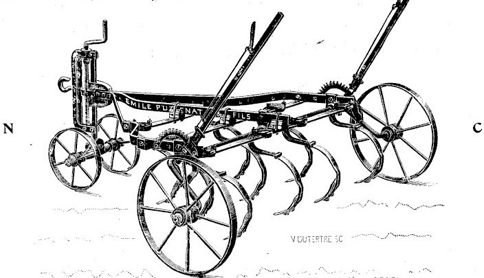 Gravure : cultivateur Grip porté par un avant-train à deux roues et vis d'un dessin nouveau, la vis coiffée d'une manivelle repliée et le bâti relié par un secteur denté