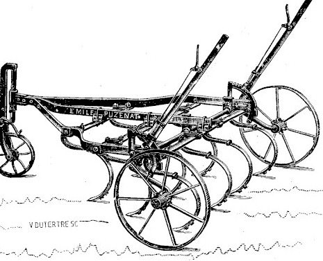 Gravure : cultivateur Grip vu de trois quarts, porté à l'avant par une seule roue montée sur une chape sans vis, les dents flexibles alignées sur trois rangs sous la poutre