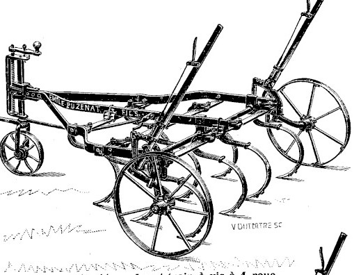 Gravure : cultivateur Grip porté à l'avant par une roue commandée par une vis de réglage verticale, surmontée de sa manivelle