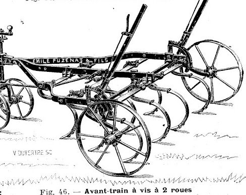 Gravure : cultivateur Grip porté à l'avant par deux roues dont l'essieu est commandé par une vis verticale à manivelle