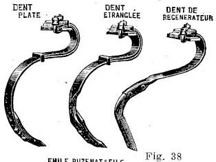 Gravure : trois dents à ressort montées sur leur attache, côte à côte — la dent plate, la dent étranglée amincie en un point, et la dent de régénérateur, plus fine et terminée par un soc tranchant