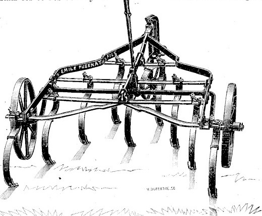Gravure : cultivateur-vigneron à dents flexibles sur quatre rangs, commandé par un levier unique placé au milieu du bâti, les roues restant dans la largeur de travail
