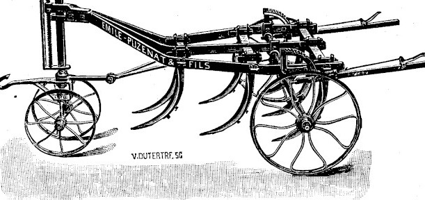 Gravure : extirpateur à une vis de réglage à l'avant et deux leviers à l'arrière, sur trois rangs de lames