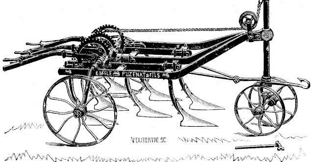 Gravure : extirpateur monté en déchaumeur, ses lames à double pointe remplacées par de larges lames triangulaires