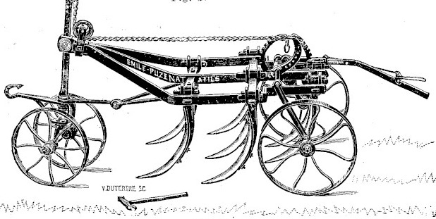 Gravure : extirpateur-vigneron, plus étroit, dont les roues suivent la trace des lames d'extrémité sans déborder de la largeur travaillée