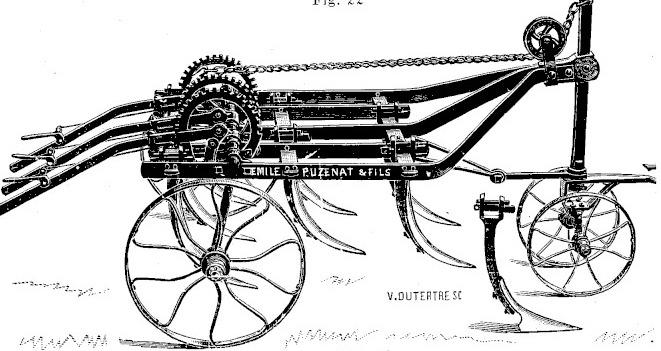 Gravure : extirpateur vu de profil, trois leviers dressés sur le bâti — celui du milieu commandant l'avant, les deux autres chacune des roues d'arrière