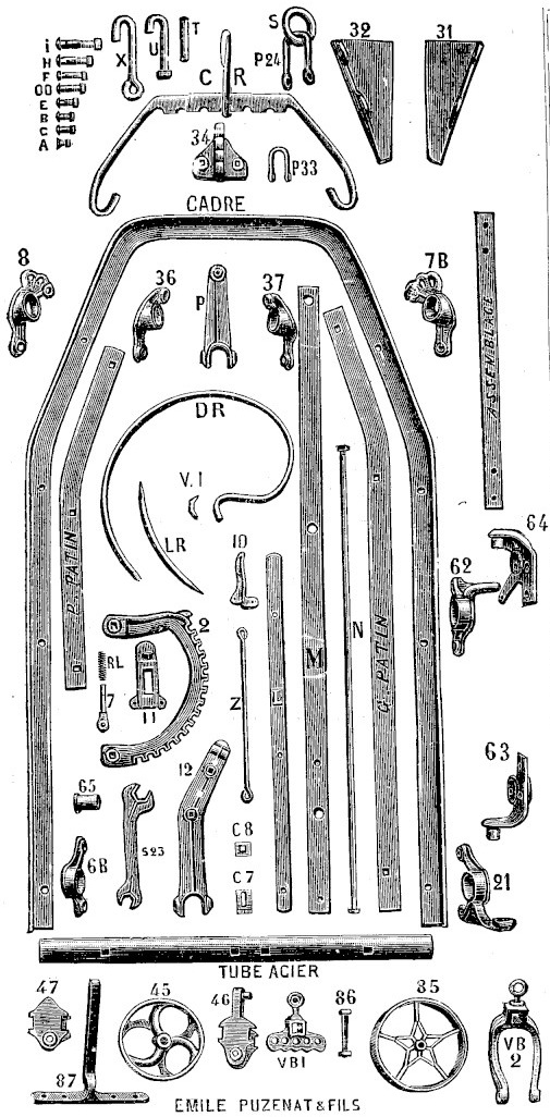 Planche gravée des pièces de rechange des herses à patins : cadre en cornière vu en plan, patins droit et gauche, tube porte-dents en acier, régulateur denté, coulissière et poignée de levier, roues galets de direction, clé et série de boulons repérés