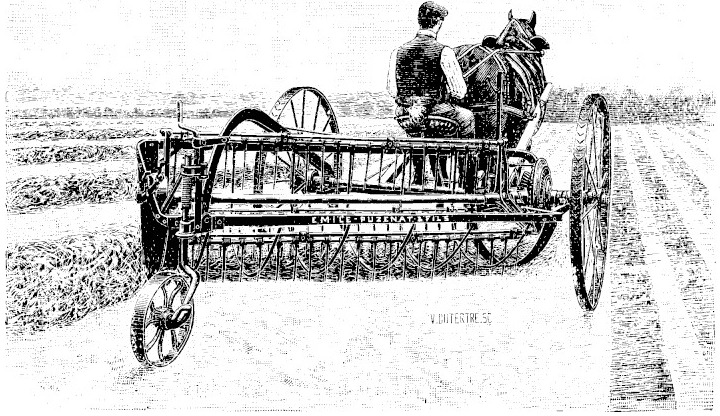 Gravure : râteau-faneur Imperator vu de l'arrière au travail, un homme assis sur le siège conduisant un cheval, l'andain formé derrière l'appareil