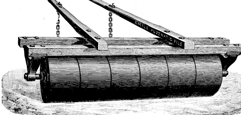 Gravure : rouleau plombeur à cylindres lisses monté sous une monture entièrement en bois, avec ses deux limonières et leurs chaînes