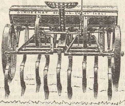 Gravure : même cultivateur Germinal n° 2, surmonté cette fois de la caisse du semoir à la volée