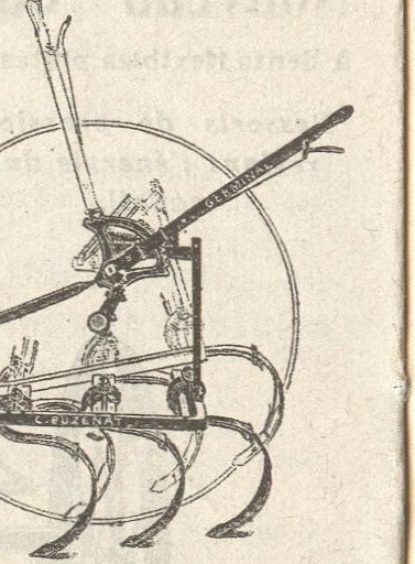 Gravure de détail : ressorts de pression montés au-dessus des cadres porte-dents, avec le levier unique de relevage et de terrage