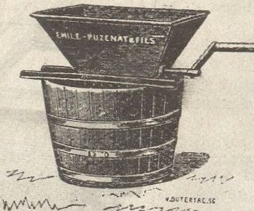 Gravure : corps de broyeur posé sur un baquet de bois cerclé, sans piètement, dessin de 1921