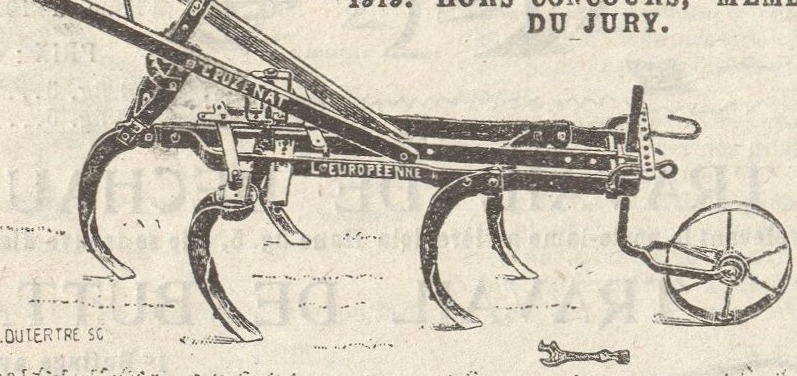 Gravure : houe-cultivateur L'Européenne n° 1, modèle fort, montée en cultivateur avec cinq lames et sa roue avant de réglage