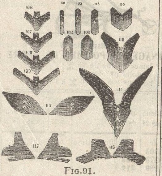 Planche gravée des lames et socs : lames droites de largeurs croissantes, socs triangulaires à ailes, socs butteurs simples et à pointe reversible, versoirs droit et gauche, lames à joue pour betteraves, chaque pièce portant son numéro de 101 à 118